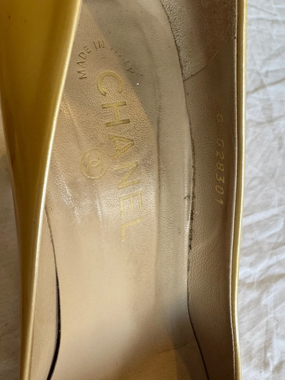 CHANEL Yellow Patent Camellia Iridescent Flower & CC Ballet Heels